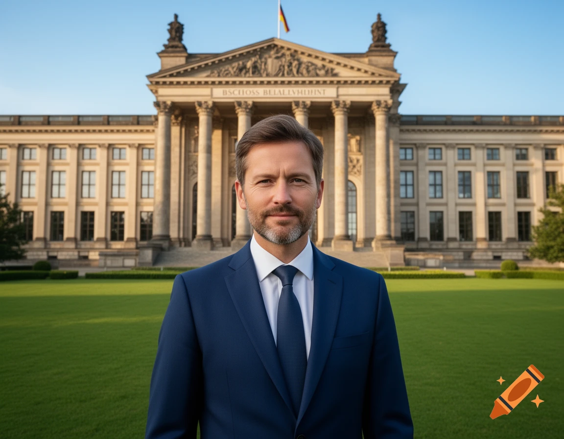 A man in a blue suit and tie stands on a green lawn in front of a grand classical building with columns, under a clear sky. A German flag flies atop the building.