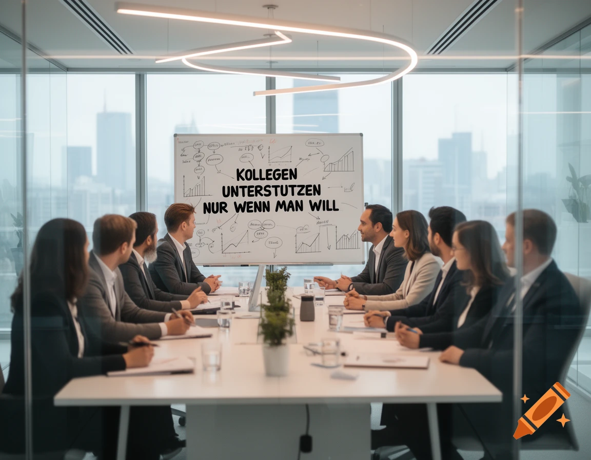 A group of professionals in a modern glass-walled conference room discussing a whiteboard that reads "KOLLEGEN UNTERSTÜTZEN NUR WENN MAN WILL".