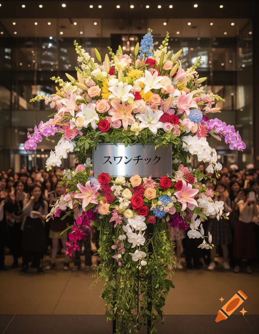 A large, colorful flower stand with a silver sign reading 'スワンチック' in front of a blurred crowd indoors.