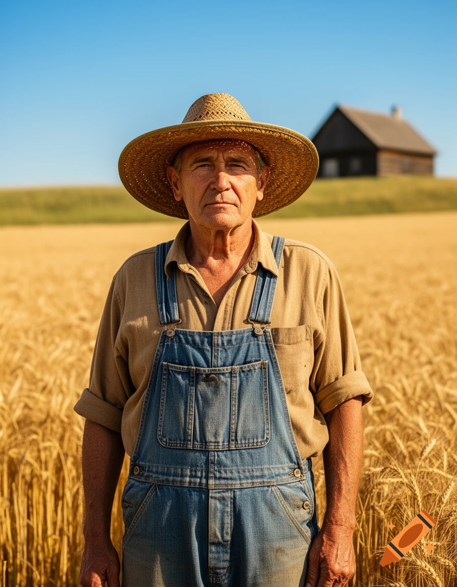 A photorealistic portrait of an older farmer in a straw hat and overalls standing in a golden wheat field.