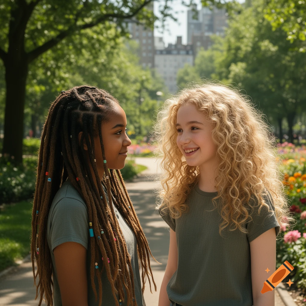 Two young girls, one with dreadlocks and one with curly blond hair, smile at each other in a sunny park.