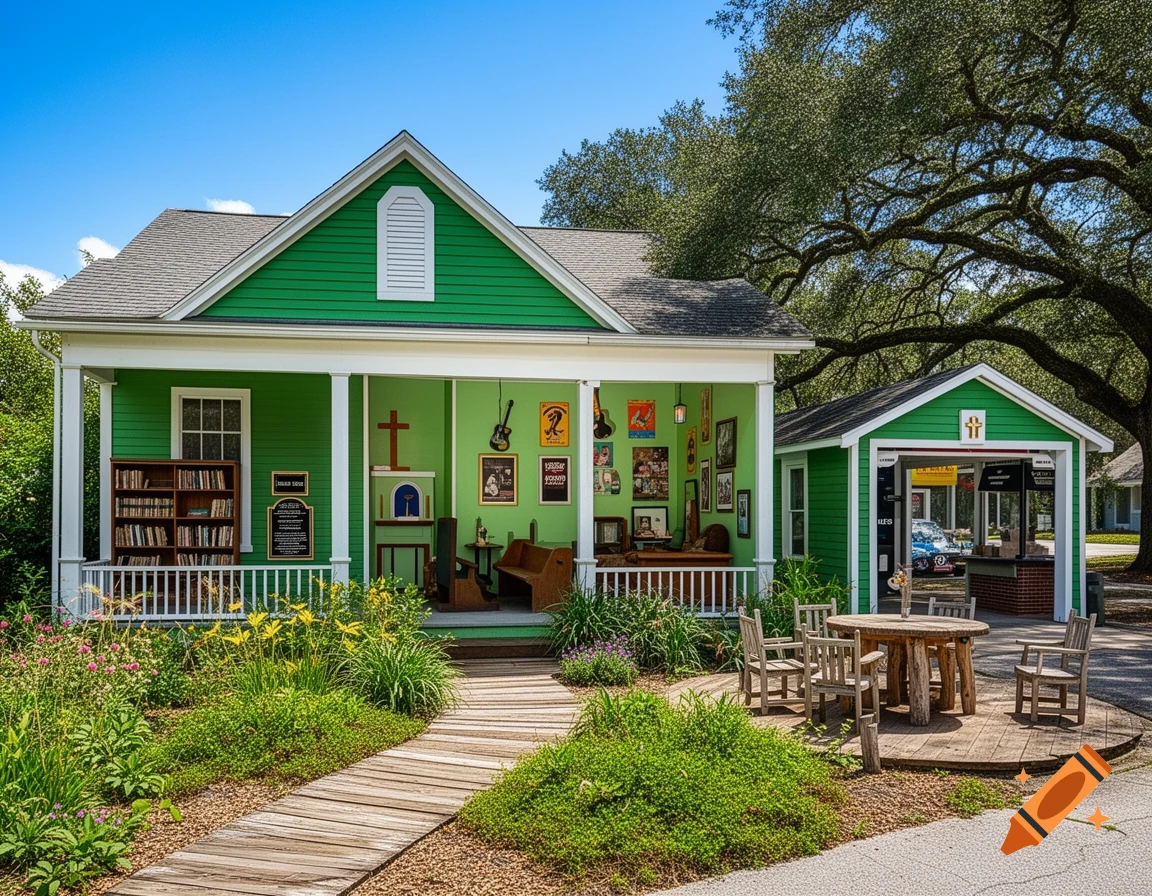 A vibrant green historic house with a front porch, surrounded by lush gardens, and a detached drive-thru cafe next to it, under a clear blue sky.