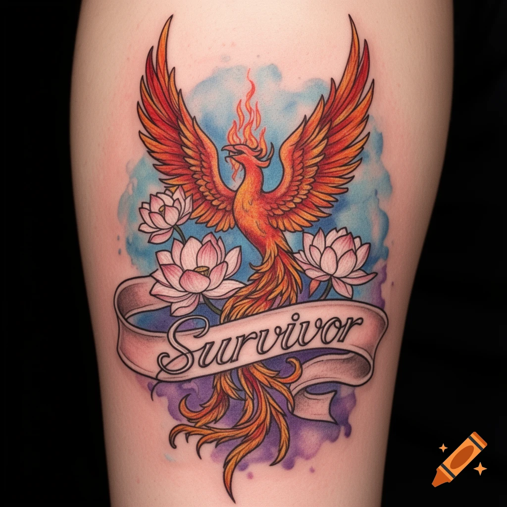 Colorful tattoo on a leg featuring a phoenix, lotus flowers, and a banner with 'Survivor' text, set against a watercolor background.