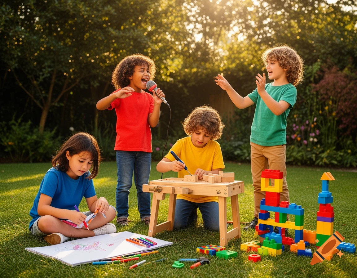 Four diverse kids play together in a sunny green yard, singing into a microphone, building with wooden blocks, drawing, and standing near colorful block towers.