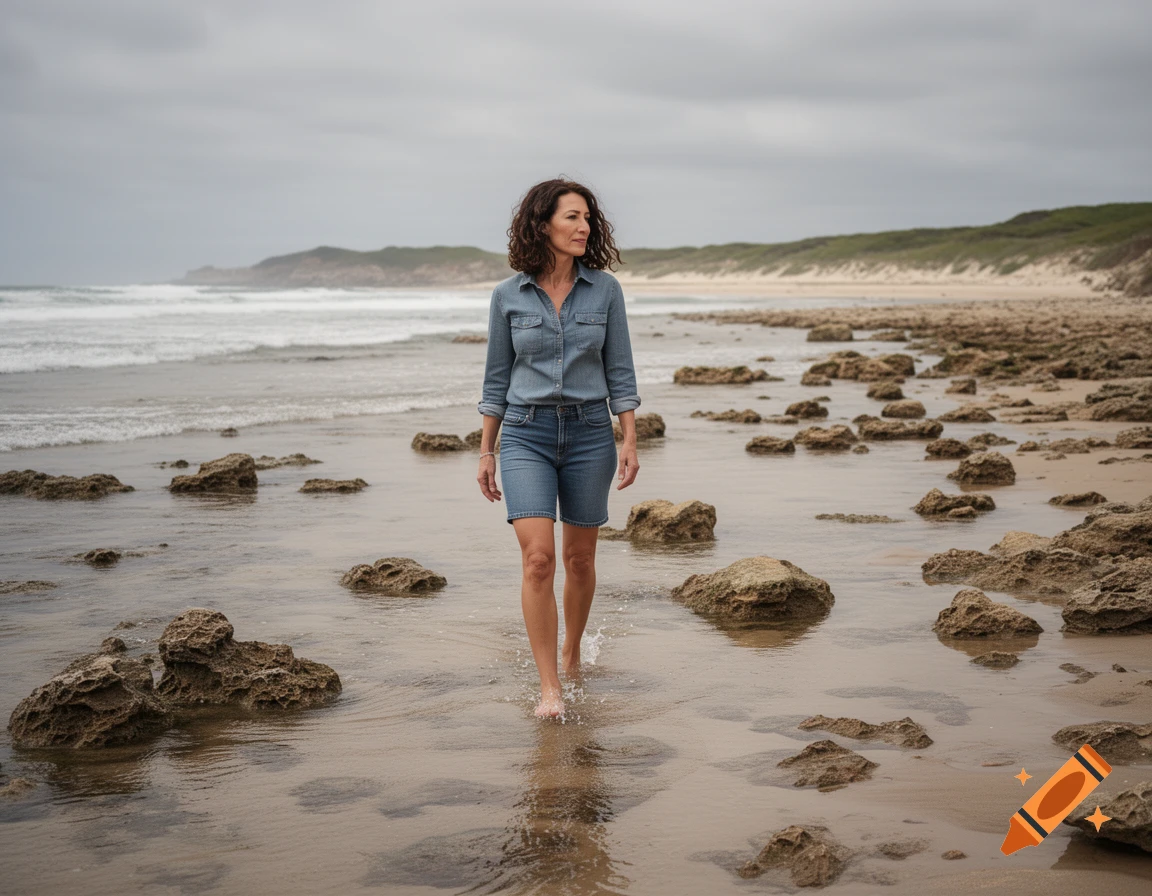 A woman walks barefoot through shallow water on a rocky beach under a cloudy sky.