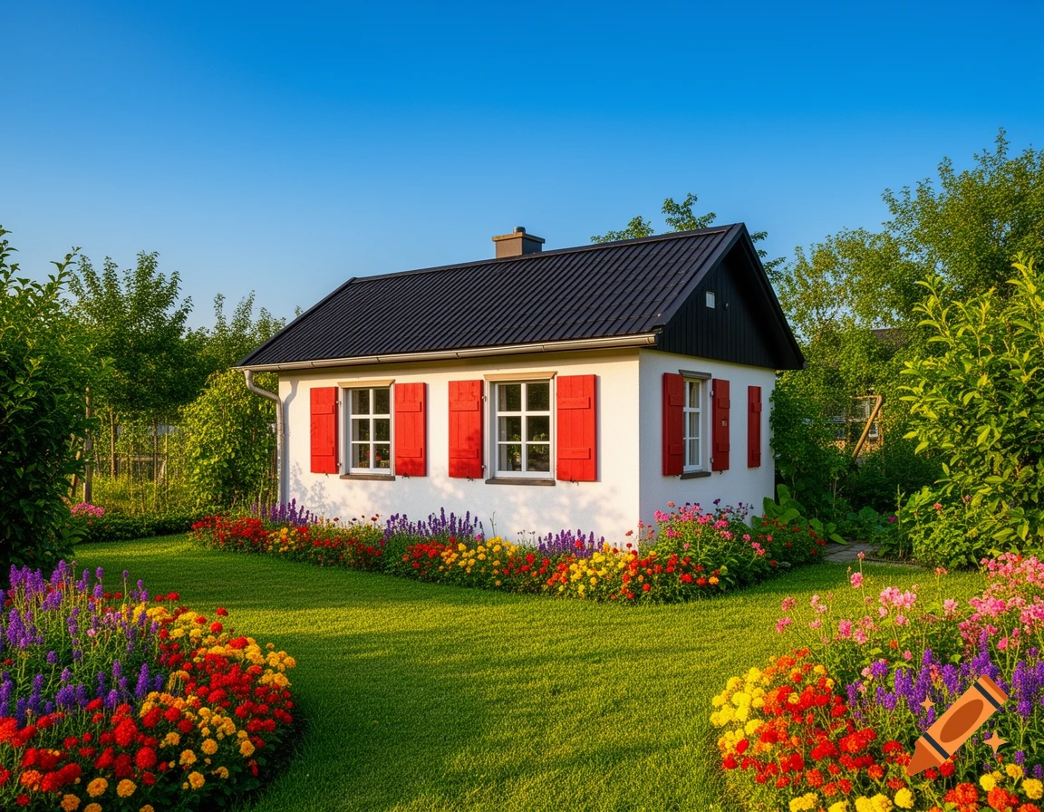 A charming white cottage with red shutters and a black roof, surrounded by a vibrant flower garden and a lush green lawn under a clear blue sky.