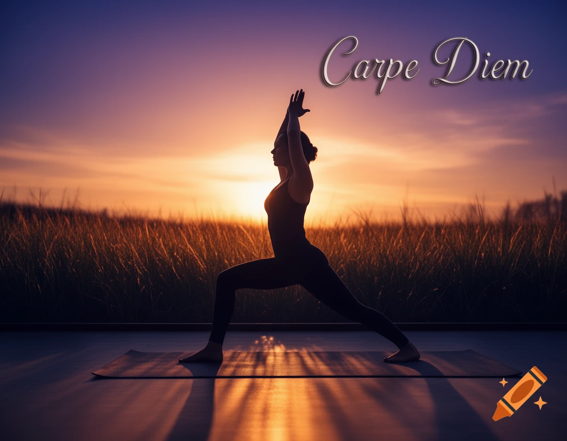 A silhouetted woman in a yoga warrior pose on a mat at sunset, with a vibrant sky over a field and 'Carpe Diem' text.