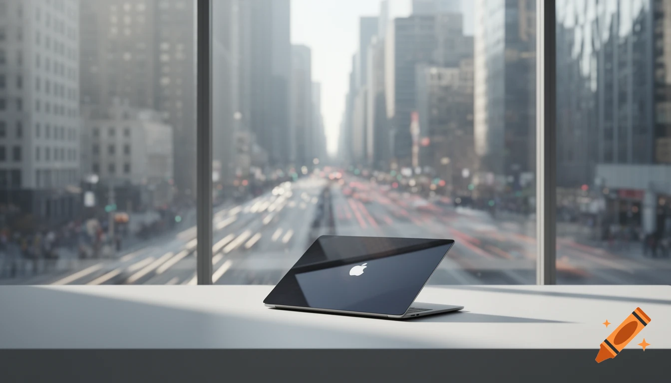 A black MacBook laptop on a white desk, with a blurred city skyline and light trails from traffic visible through a large window in the background.