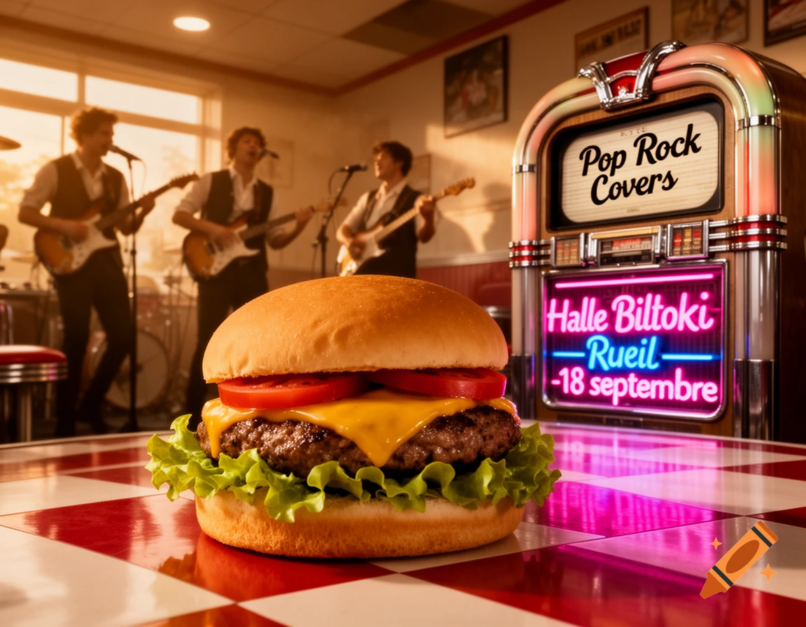 A photorealistic cheeseburger on a checkered diner table with a band playing in the background and a jukebox displaying "Pop Rock Covers" and neon text.