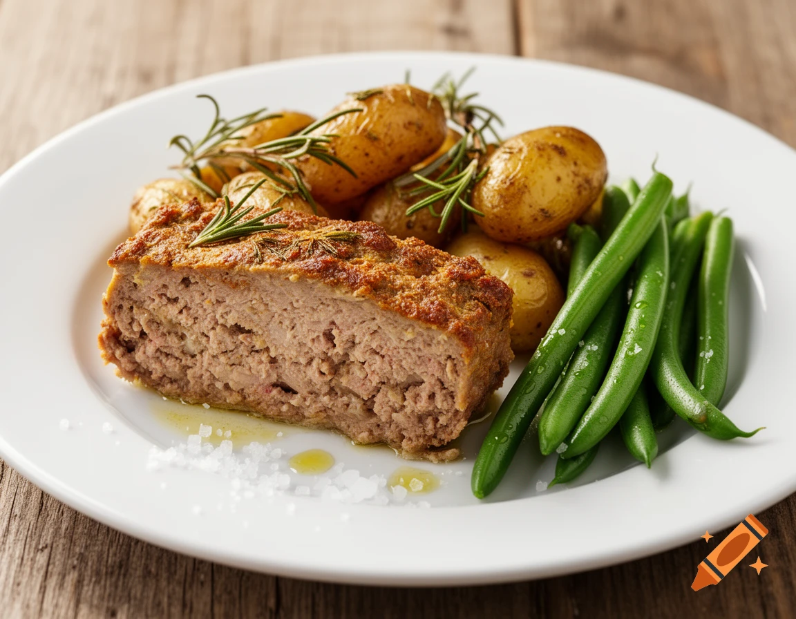 A slice of meatloaf with roasted potatoes and green beans, garnished with rosemary, on a white plate and wooden table.