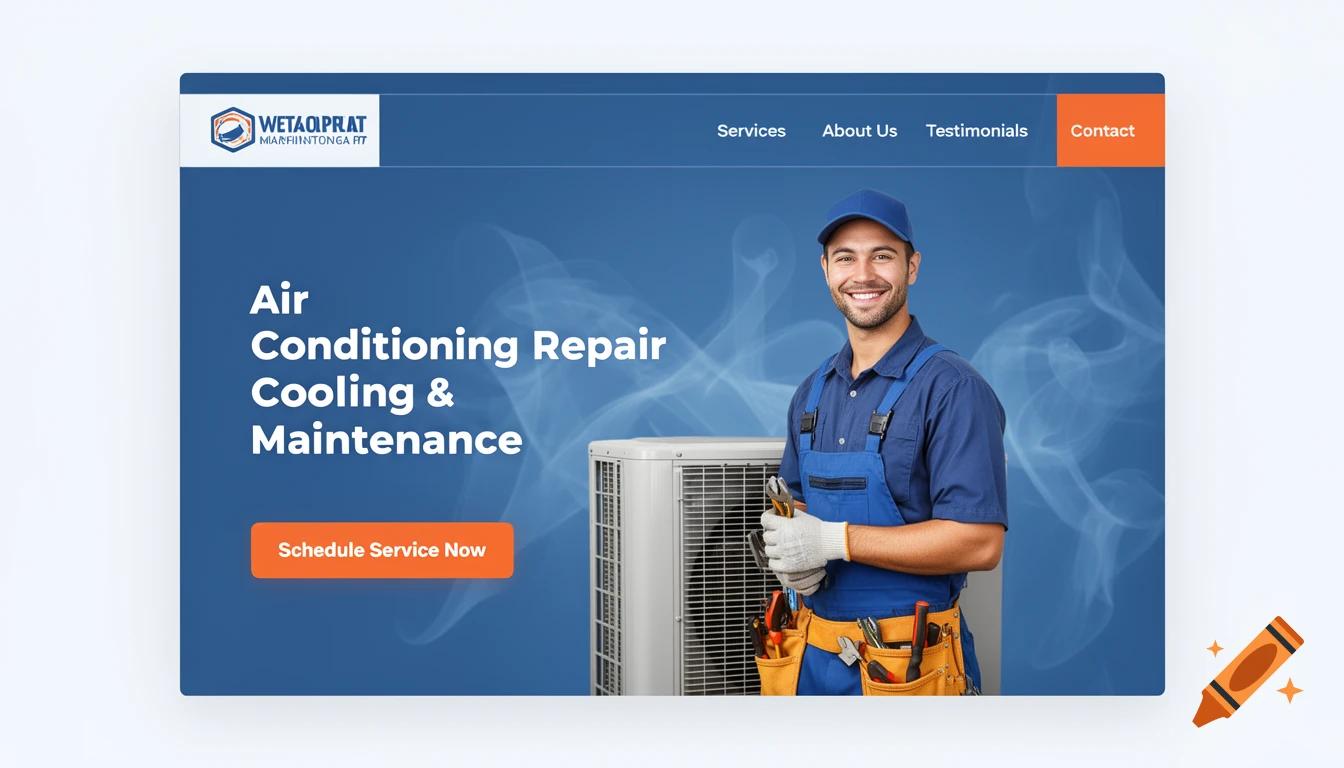 Website homepage design for an air conditioning repair service, featuring a smiling technician in overalls next to an AC unit, with a blue background and orange call-to-action button.