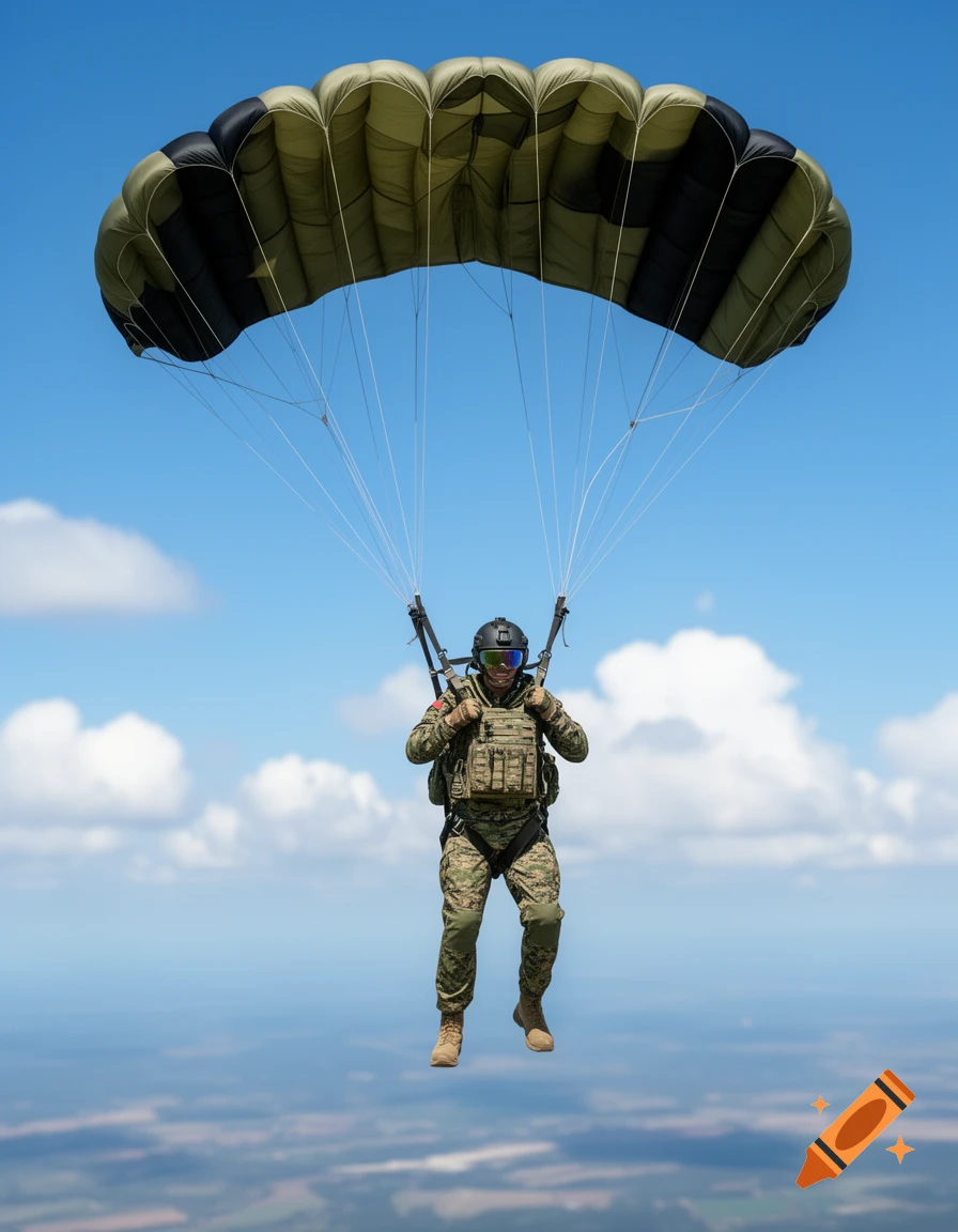 A paratrooper in camouflage gear descends with a green and black parachute against a blue sky.