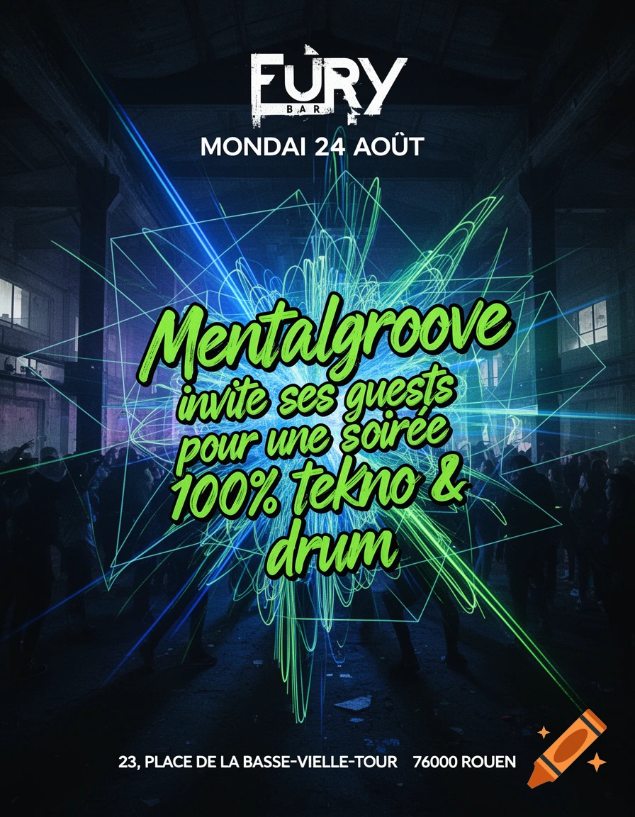 A dark, underground techno event flyer with neon green geometric lines over a blurred crowd, featuring text like "Fury Bar," "Mentalgroove," and "Mondai 24 Ao n".