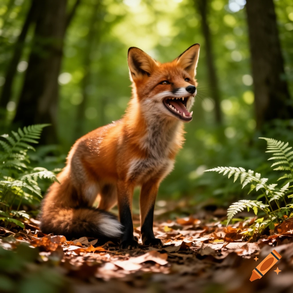 Photorealistic red fox with an open mouth, appearing to laugh, in a sunlit forest.