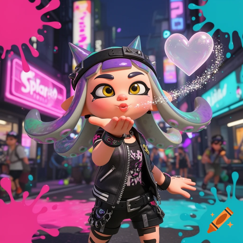 Frye from Splatoon blowing a kiss, standing in a vibrant, ink-splattered city street at night.