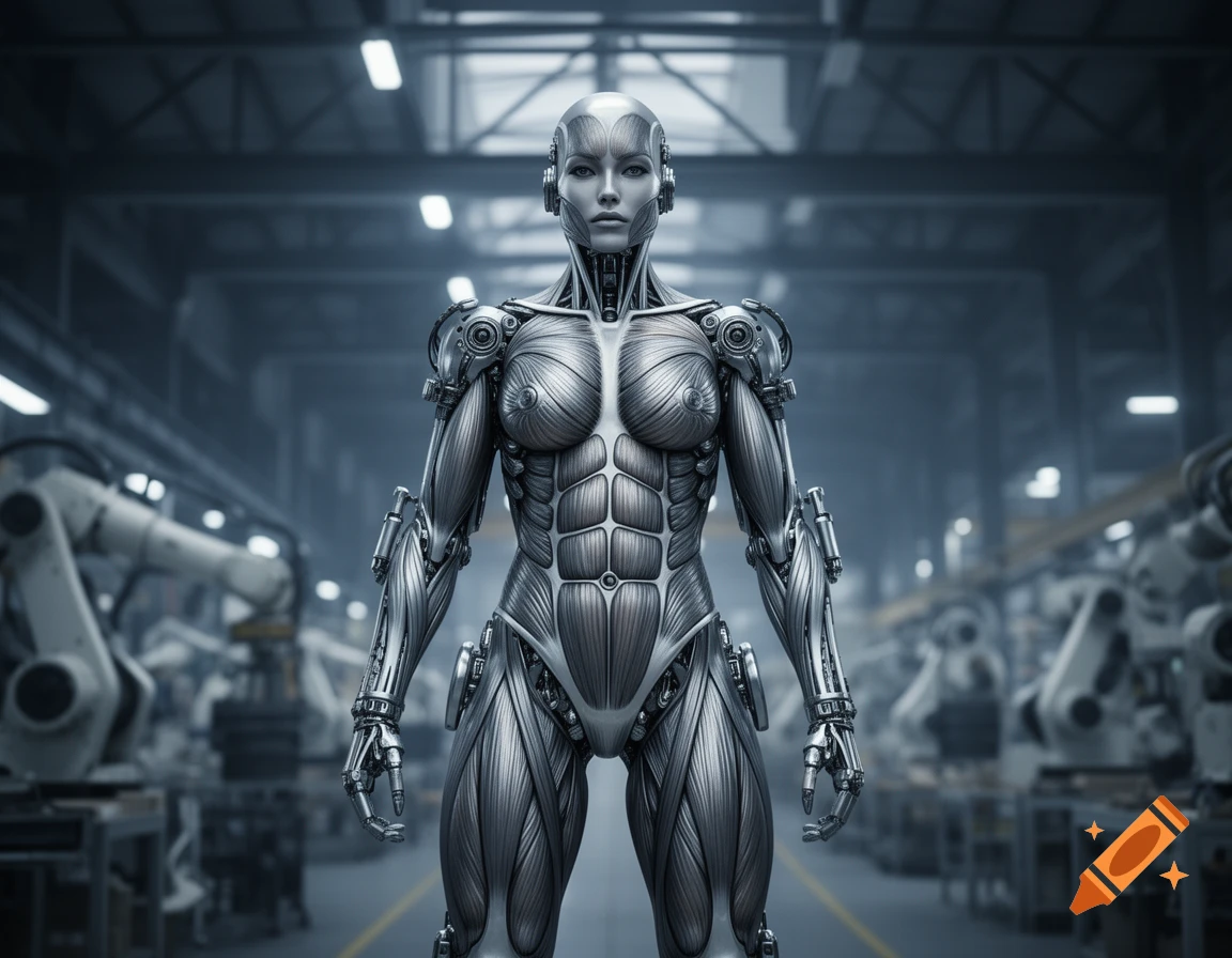 Photorealistic image of a metallic, muscular female cyborg standing in a futuristic factory with robotic arms.