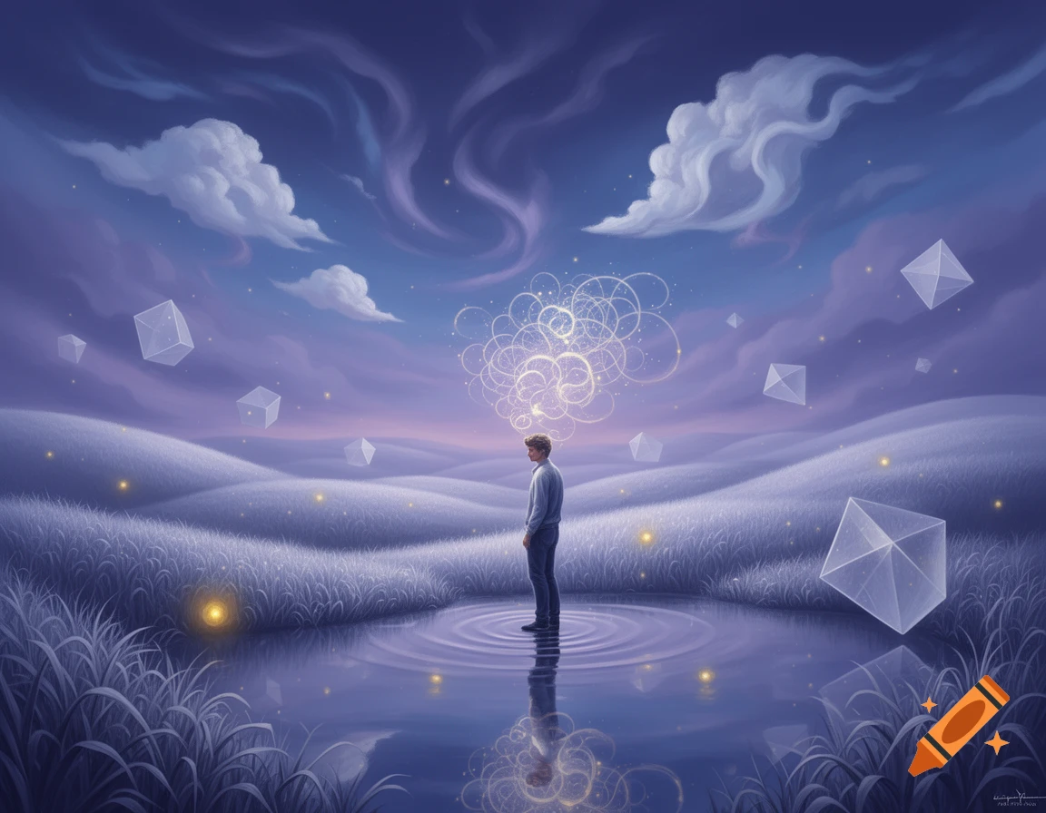 A man stands in a shallow pool reflecting a surreal, glowing landscape with abstract geometric shapes and a starry, cloud-filled sky.