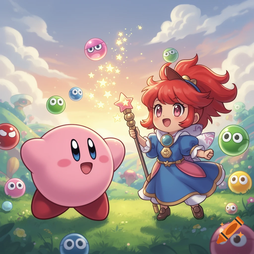 Kirby and Arle from Puyo Puyo stand in a sunny, grassy field surrounded by colorful bubbles and glowing stars. Arle holds a star-tipped wand.