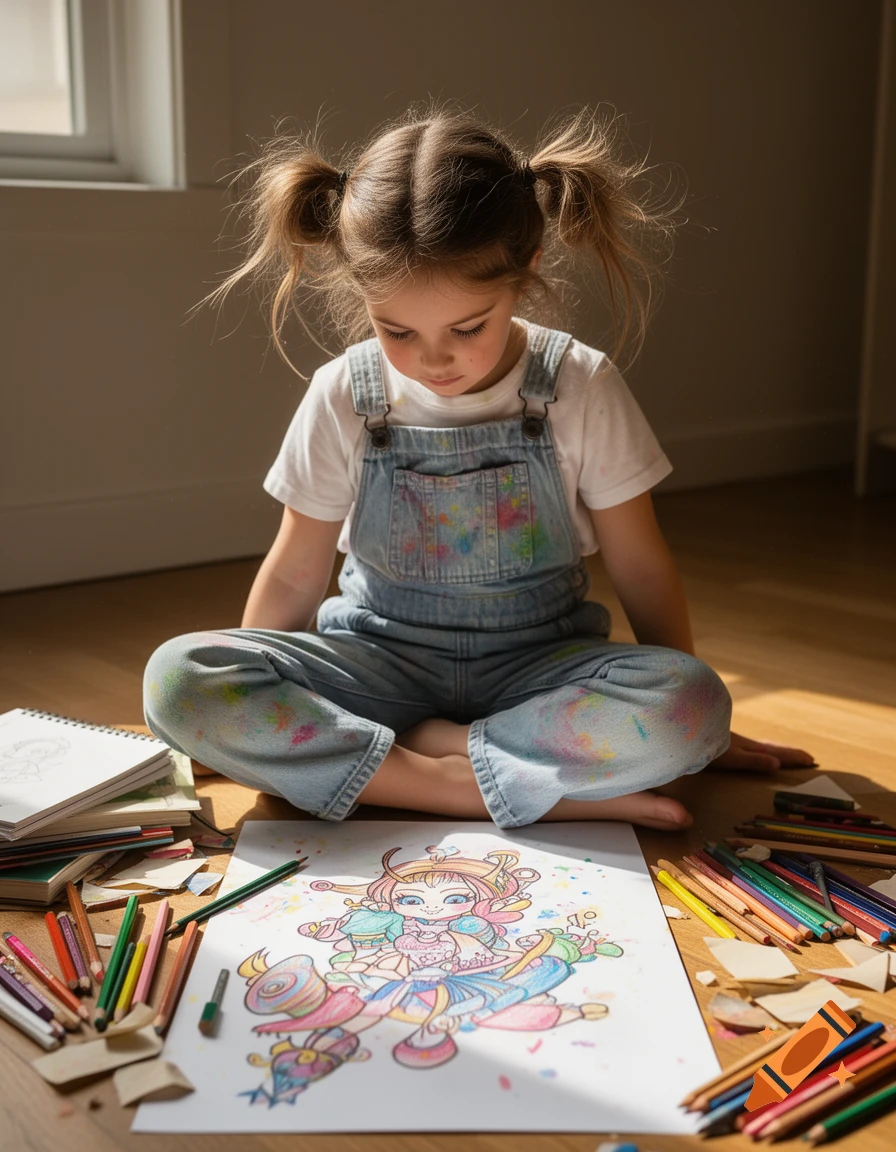 Young girl with pigtails in overalls sitting on a wooden floor, coloring a drawing surrounded by pencils and notebooks.