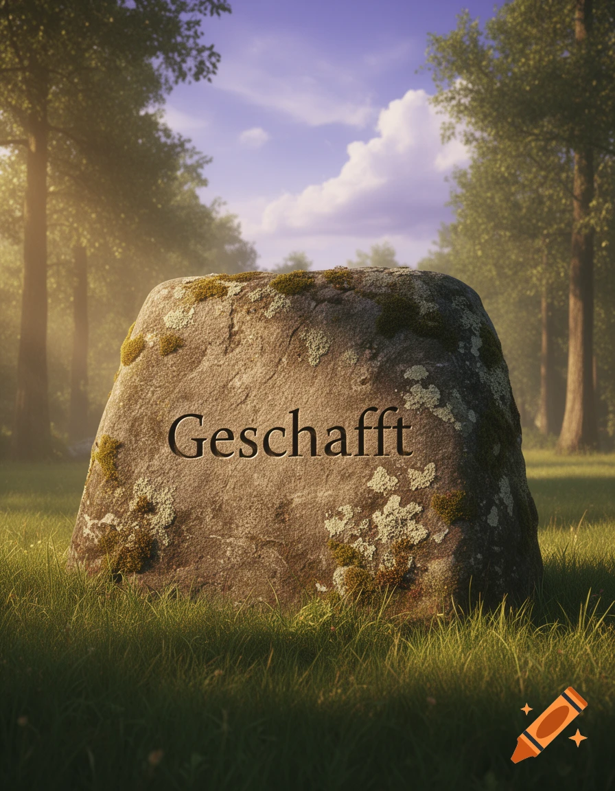 A large moss-covered stone with 'Geschafft' carved into it sits in a sunlit grassy forest clearing.