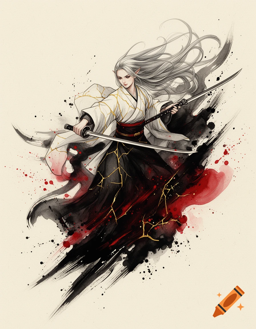 White-haired elf warrior in a white kimono with two swords, amidst dynamic black and red ink splashes in sumi-e style.