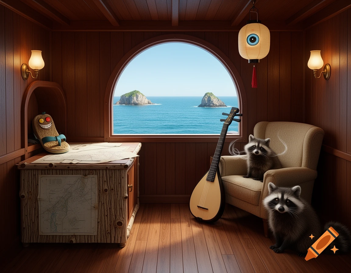 A whimsical ship cabin interior with two raccoons, a smiling sandal, an eye lantern, a lute, and maps, looking out at rocky islets in the ocean.