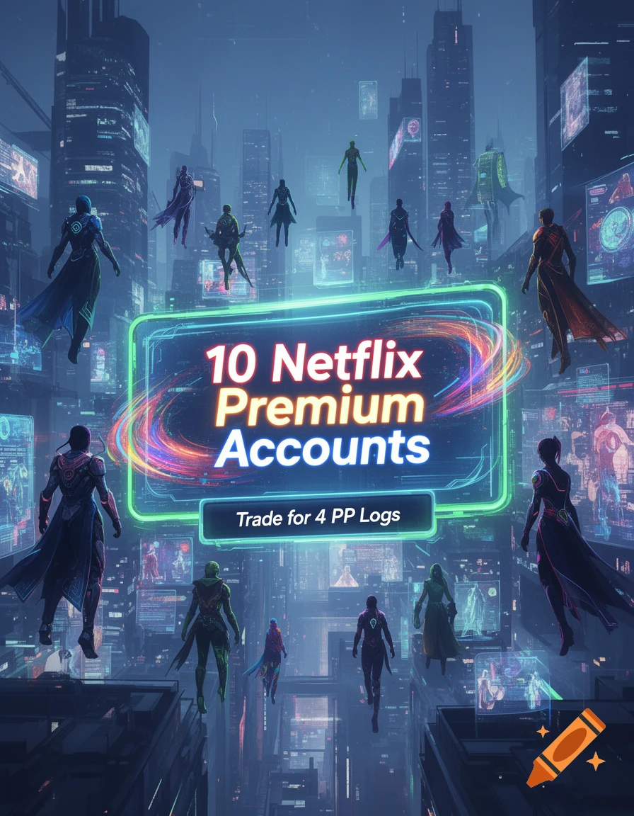 A cyberpunk cityscape with floating figures and a glowing holographic sign advertising 10 Netflix Premium Accounts for 4 PP Logs, in a digital art style.