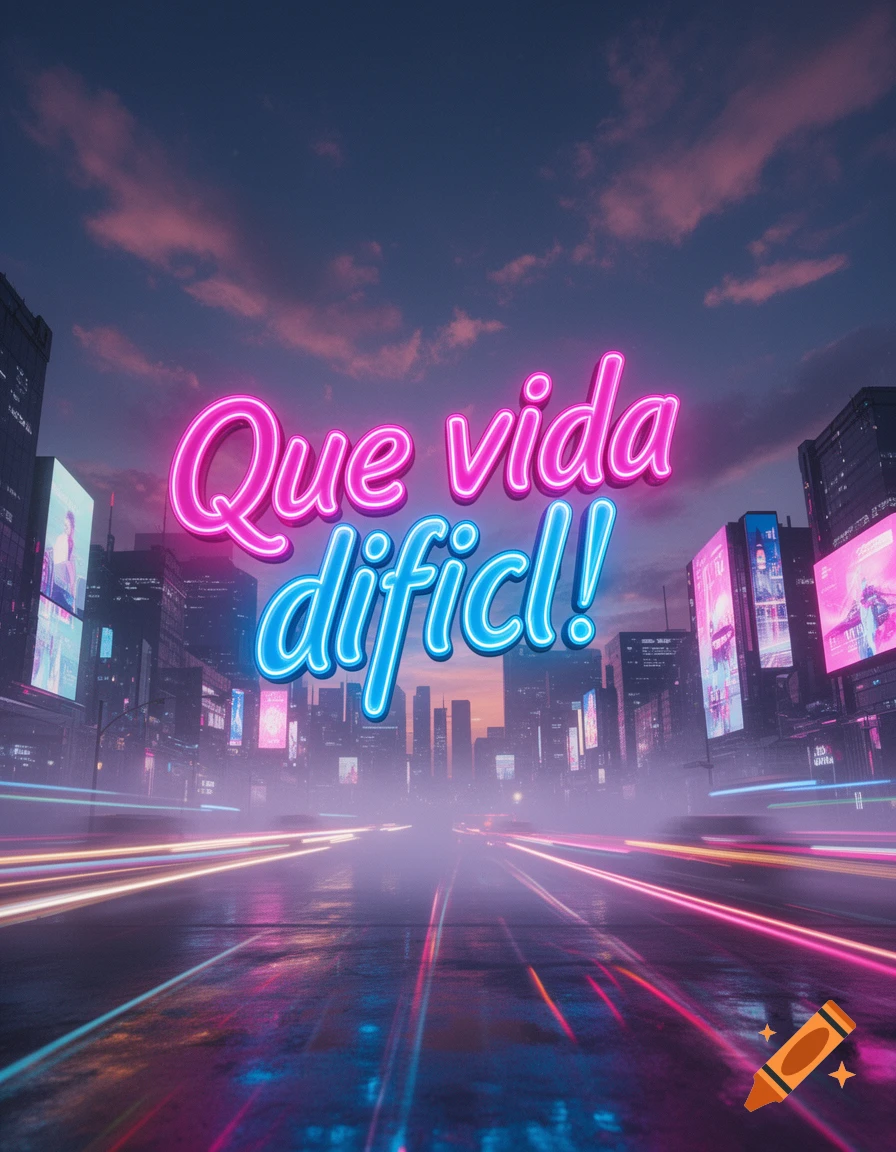 Neon sign "Que vida difícil!" over a blurred, rainy cyberpunk city street with streaking light trails at dusk.
