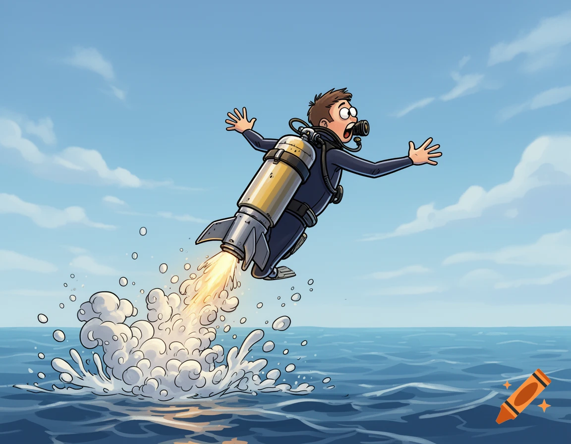 A surprised cartoon diver is launched out of the ocean by a rocket jetpack on his back, leaving a trail of smoke and water.