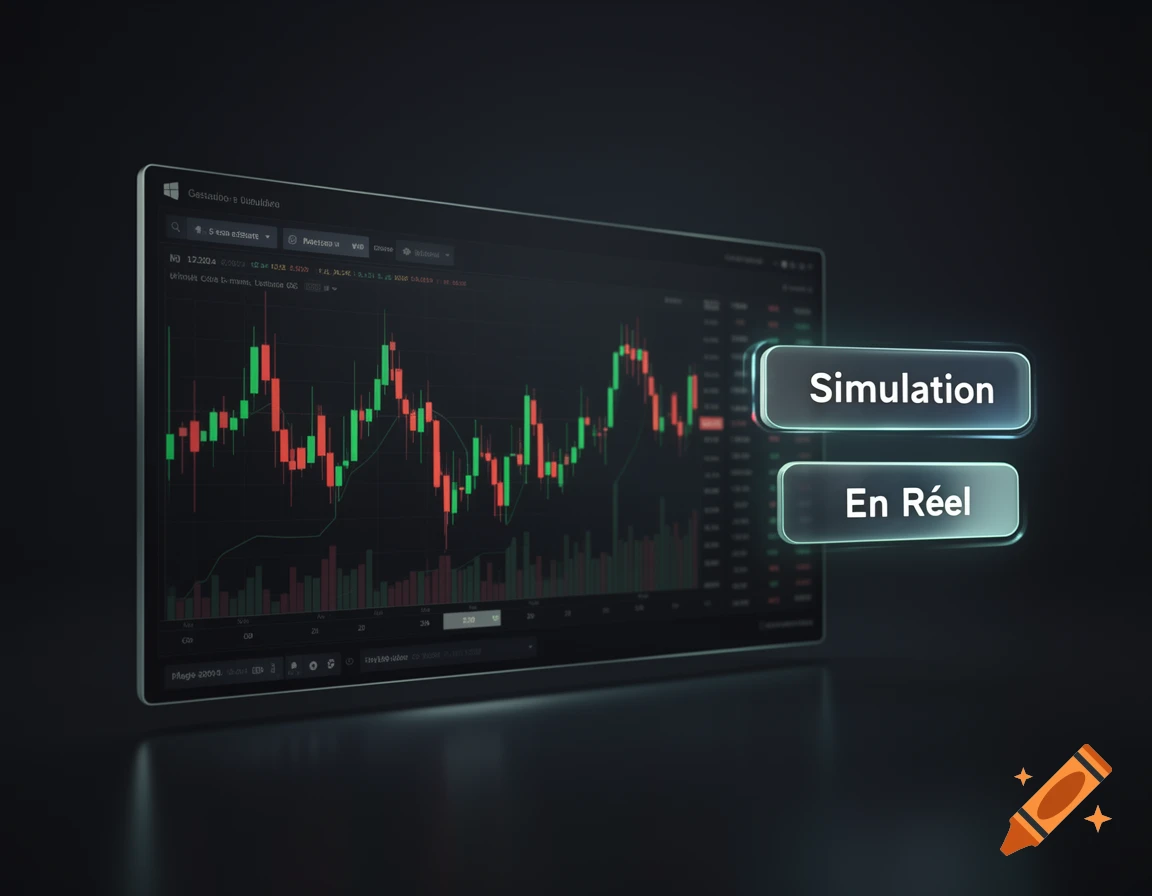 A dark, sleek digital interface displaying a stock market candlestick chart with green and red bars. Two translucent buttons on the right read "Simulation" and "En Réel".