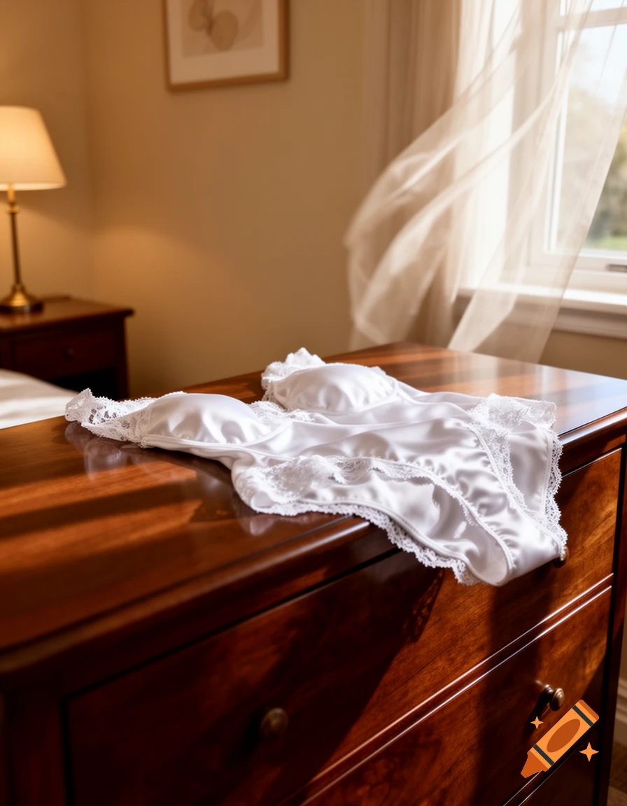 White satin lingerie, including a bra and panties, draped on a wooden dresser in a sunlit bedroom with a sheer curtain fluttering.