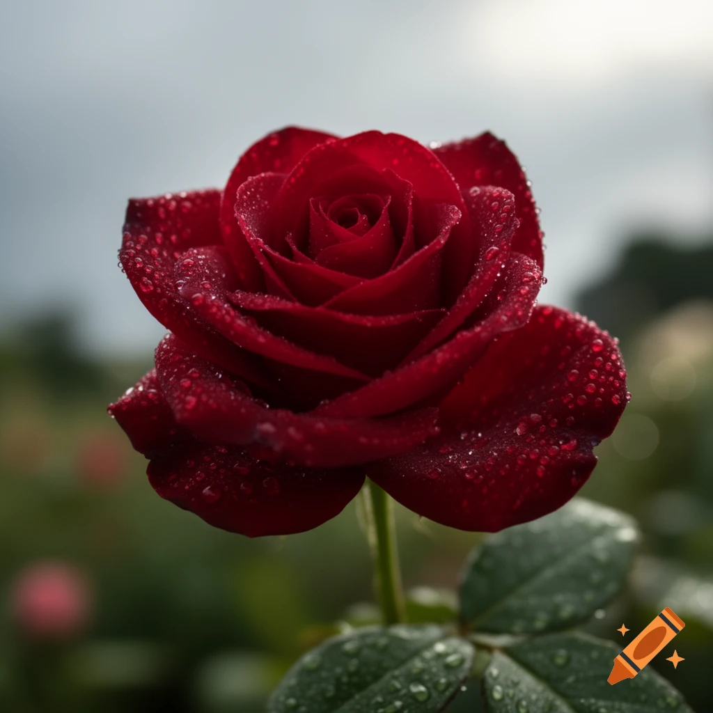 A vibrant red rose, covered in delicate water droplets, stands in a close-up, photorealistic shot against a soft, blurred background.