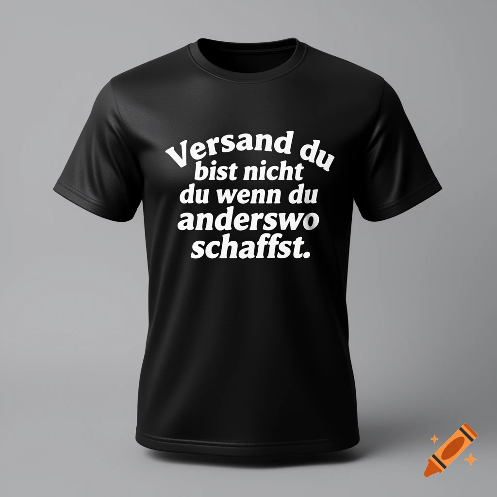 Black t-shirt featuring white text that reads 'Versand du bist nicht du wenn du anderswo schaffst.'