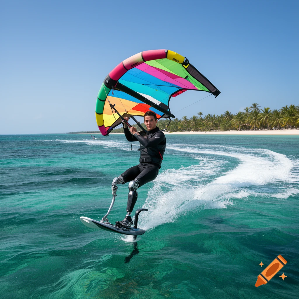 A man with prosthetic legs wingfoiling on clear blue water with a colorful wing, near a tropical beach with palm trees.