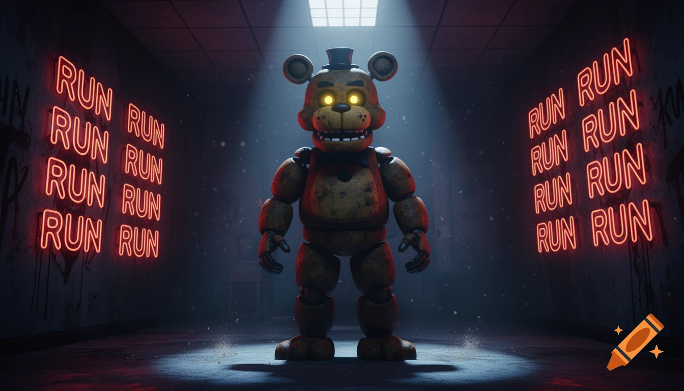 A creepy animatronic Freddy Fazbear with glowing eyes stands in a dark, dusty room with red neon 'RUN' signs on the walls.