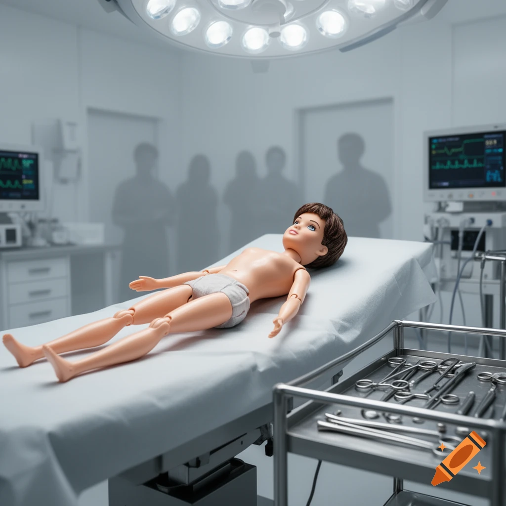 A male doll lies on a surgical table in an operating room, wearing white briefs, surrounded by medical equipment.