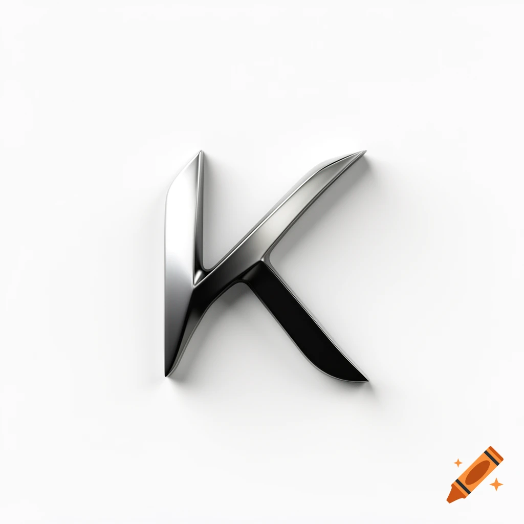 A shiny, silver, metallic letter 'K' with a sleek, modern design, casting a soft shadow on a white background.