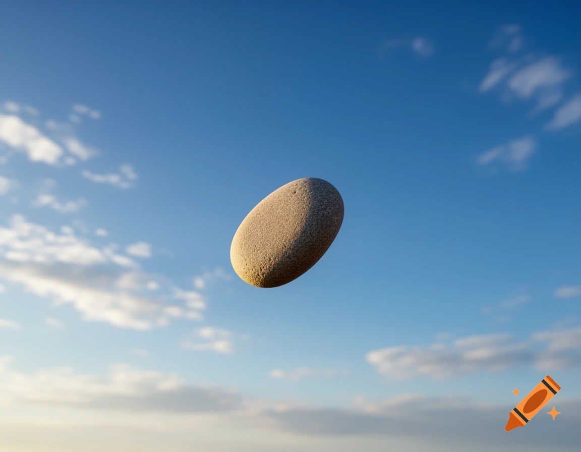 A smooth, light-colored pebble floats against a vibrant blue sky with soft white clouds, illuminated by sunlight.