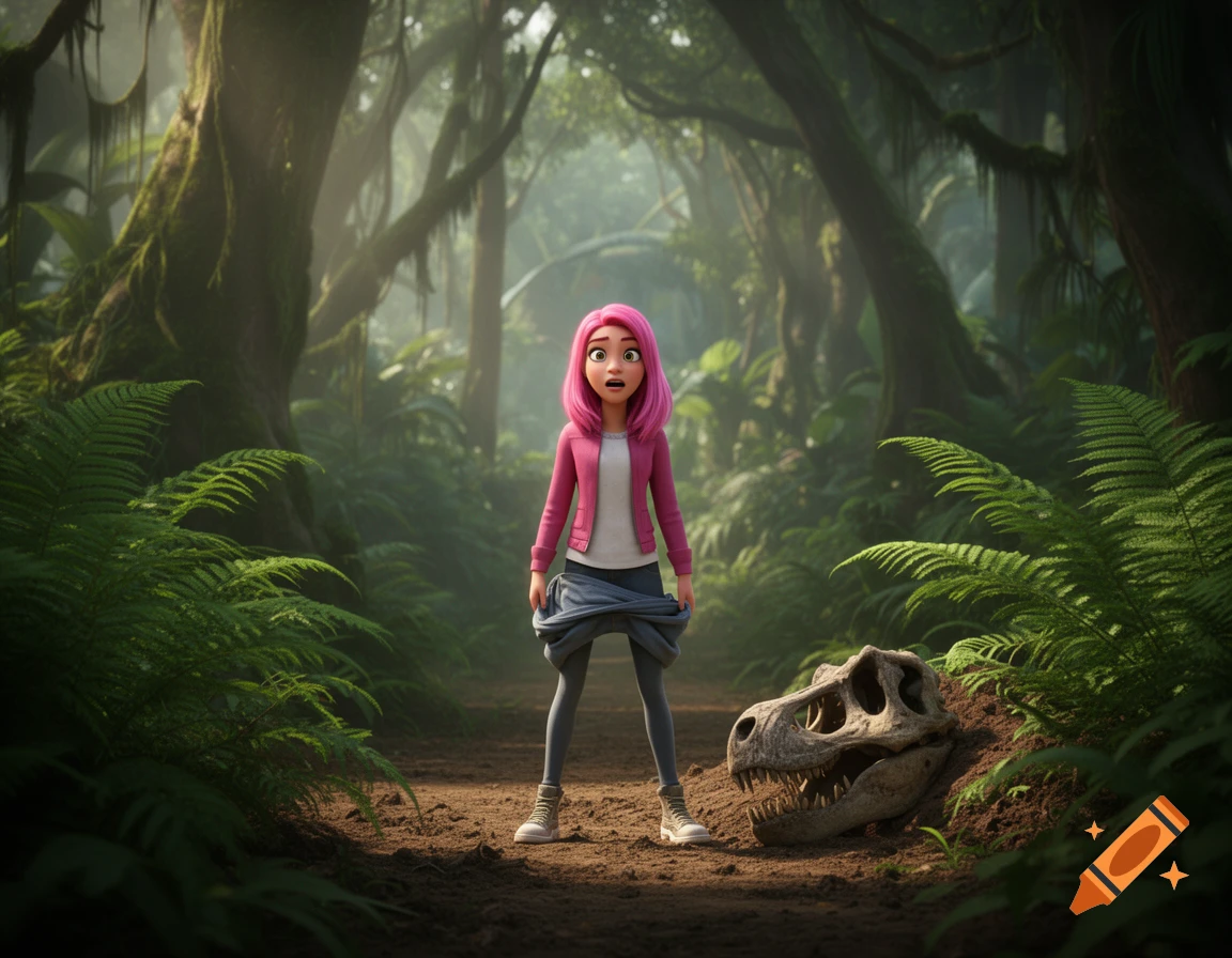 A surprised pink-haired cartoon girl in a pink jacket stands in a dense jungle next to a large dinosaur skull.
