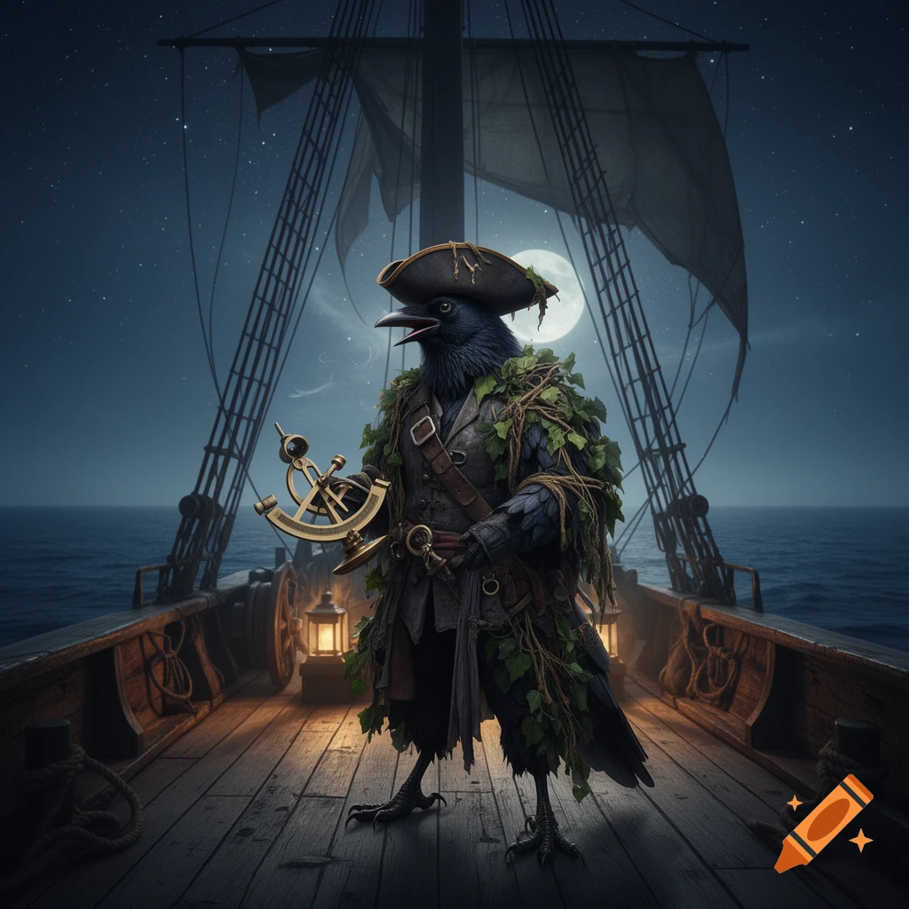 A jackdaw Kenku pirate navigator with a leaf cloak and hat holds a sextant on a ship deck under a full moon and stars.