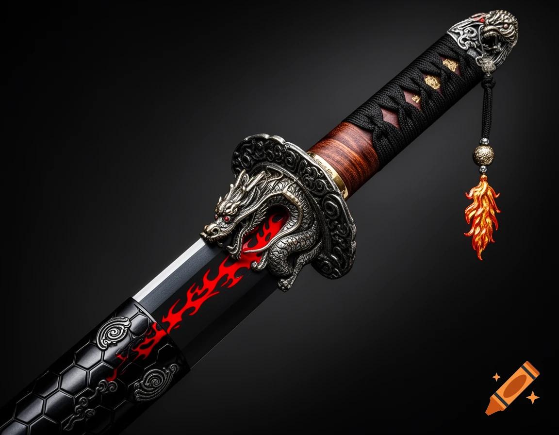 A dark, ornate sword featuring a silver dragon hilt, red flame patterns on the black blade, and a decorative tassel, against a black background.