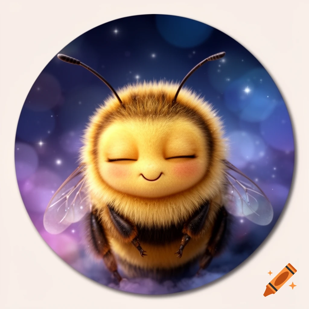 A cute, fluffy bumblebee with closed eyes and a soft smile, set against a twinkling purple and blue bokeh night sky, in a round digital art composition.