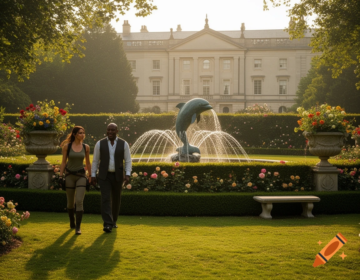 A woman and a man walk through a grand garden with a dolphin fountain, flower urns, rose bushes, and a mansion in the background.