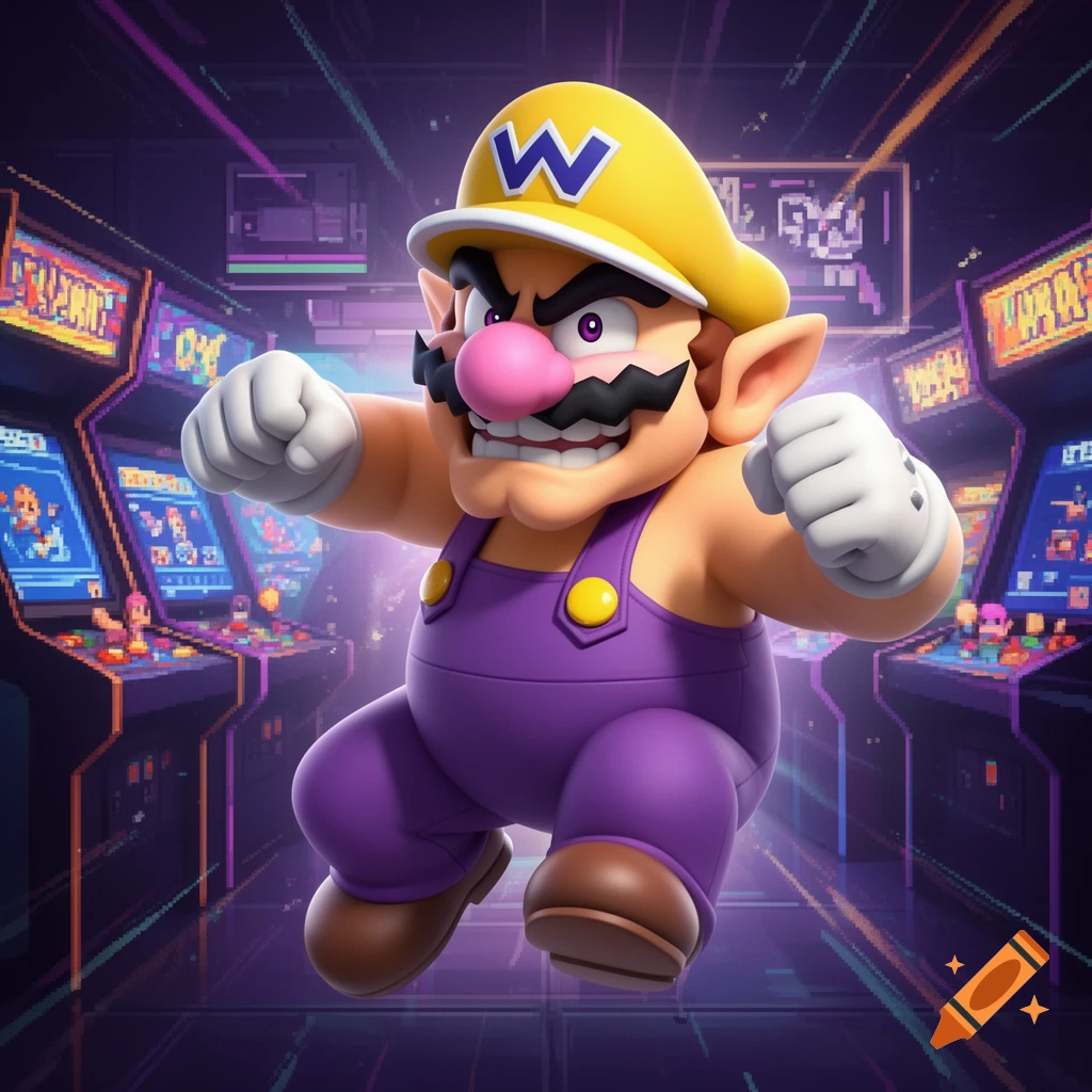 Wario with an angry expression, fists clenched, in a purple overall and yellow hat, standing in a pixelated arcade room.