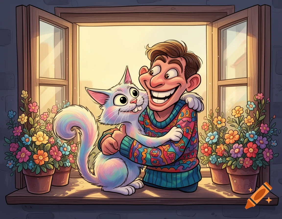 A grinning cartoon man embraces a fluffy white cat in a window frame, surrounded by potted flowers.
