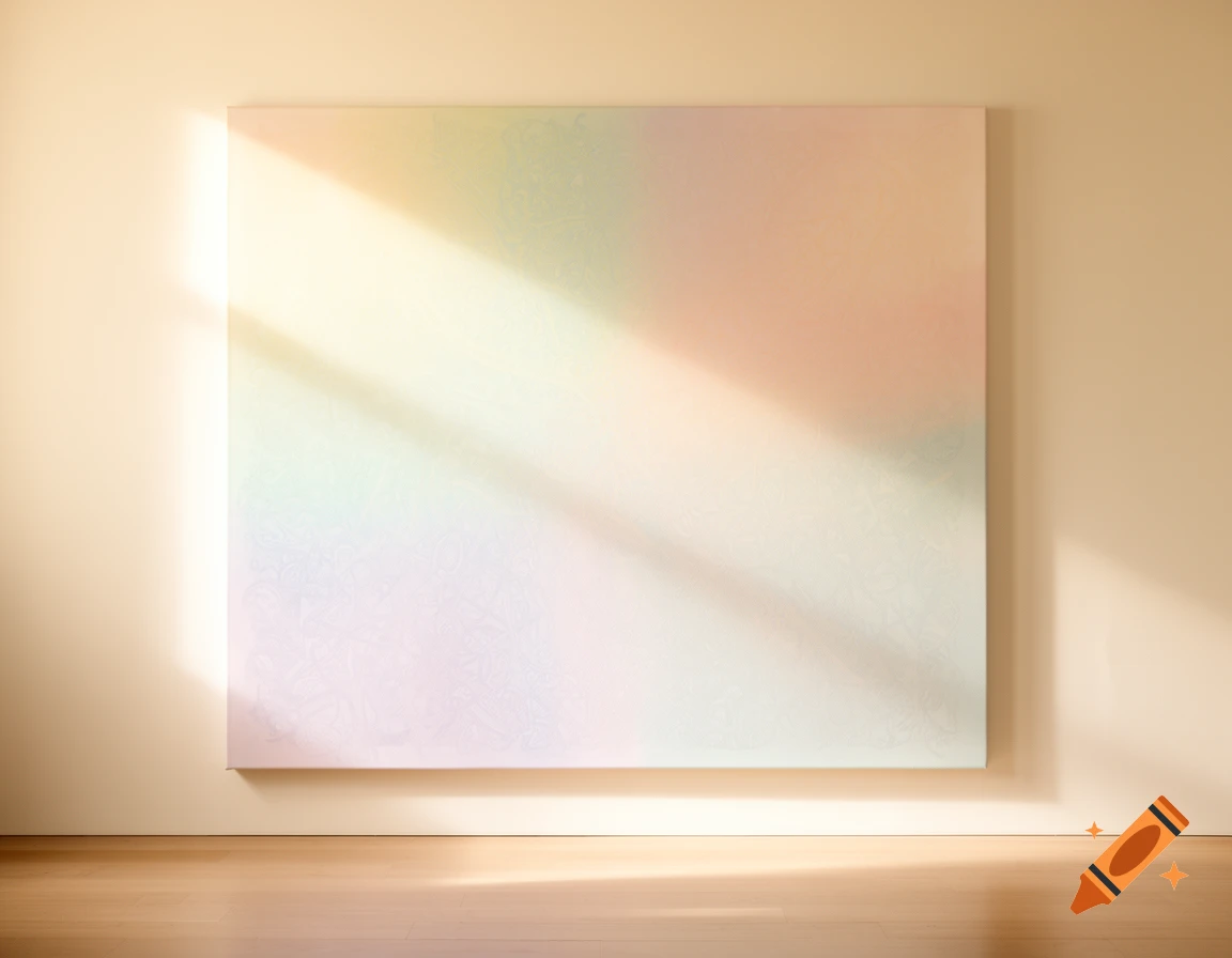 An abstract painting with soft pastel colors and subtle patterns hangs on a beige wall, illuminated by a sunbeam on a wooden floor.