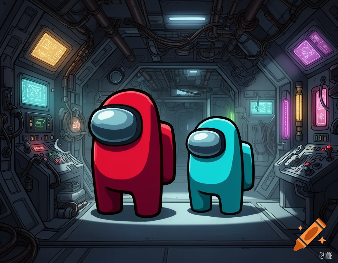 A red and a cyan Among Us character stand in a detailed, sci-fi spaceship control room with glowing screens.