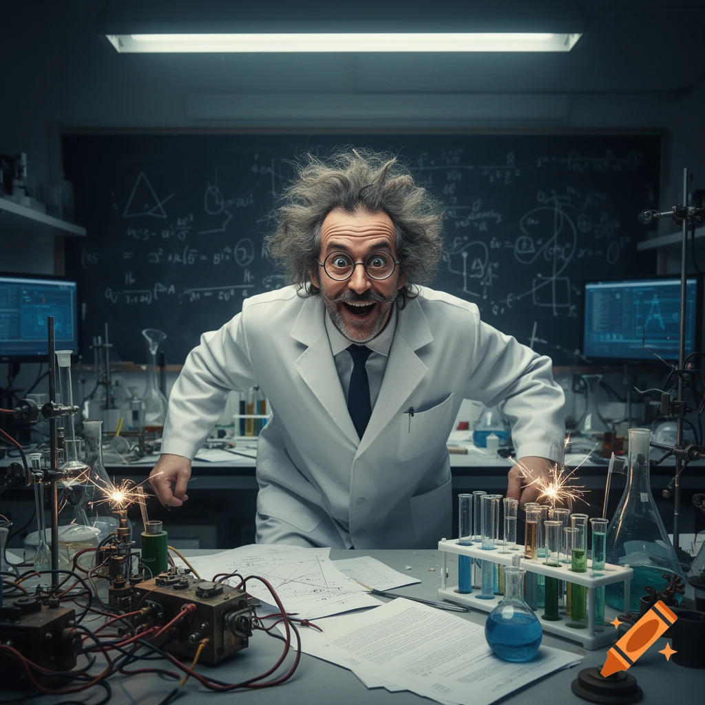 A mad scientist with wild hair and goggles, wearing a lab coat, leans over a lab bench with beakers, test tubes, and sparking equipment.