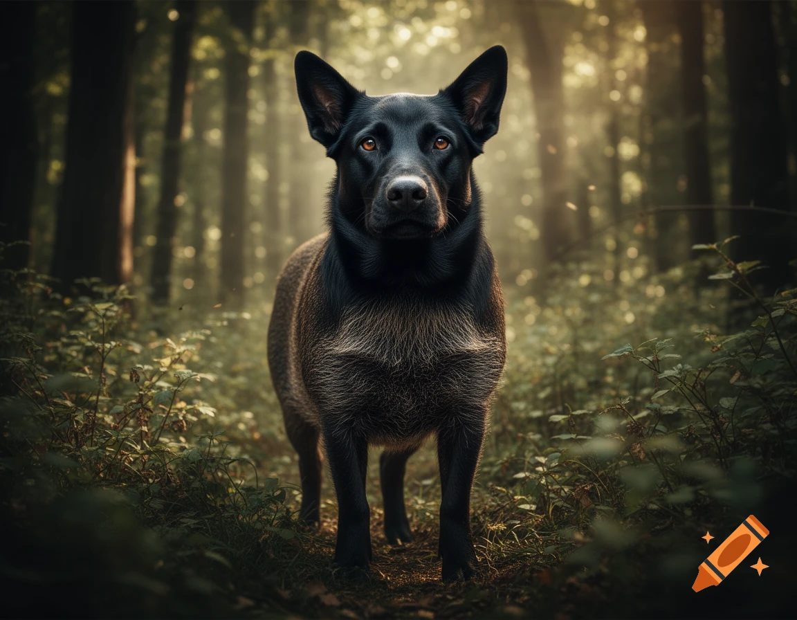 Photorealistic black dog-boar hybrid creature with glowing eyes stands in a dark, misty forest.