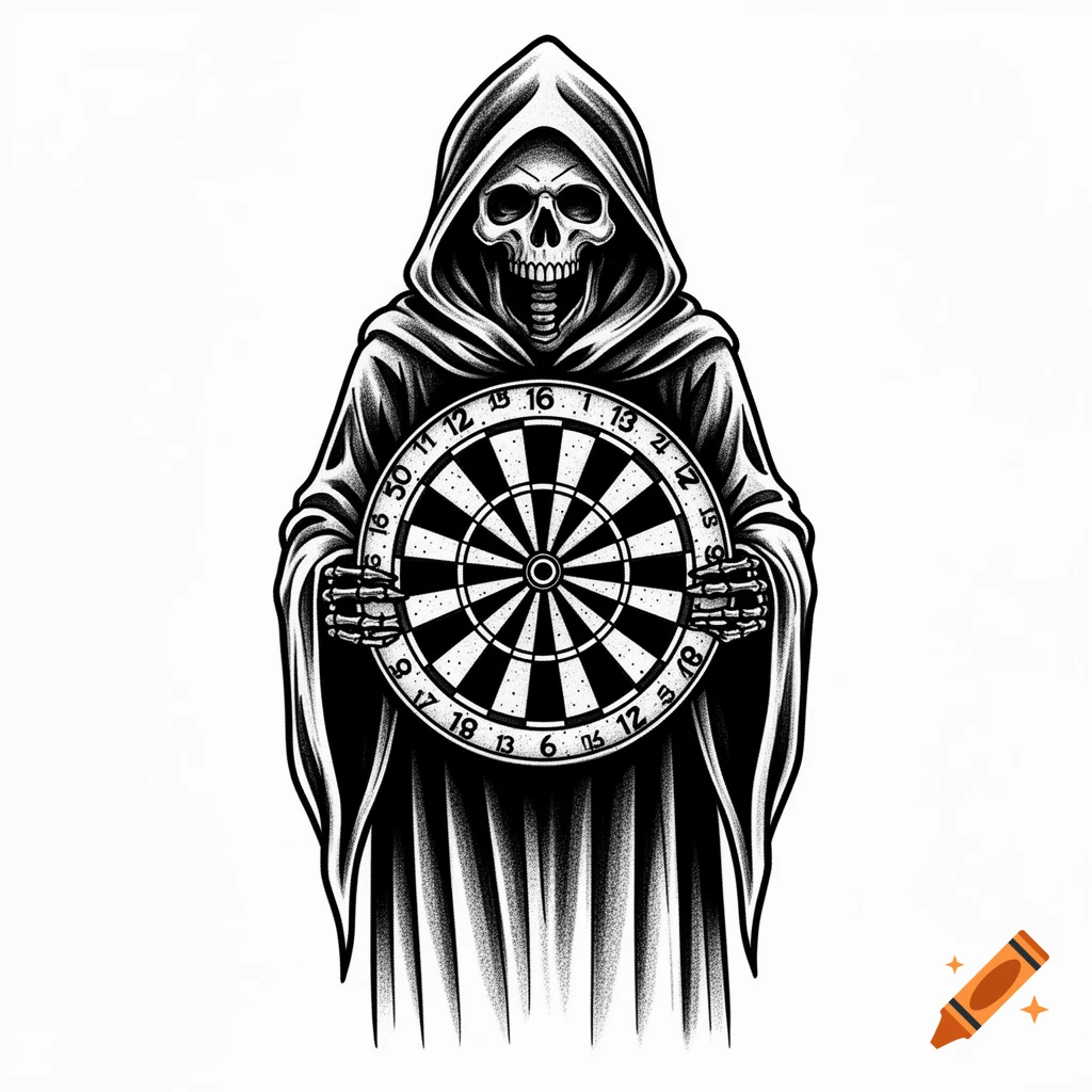 A black and white illustration of the Grim Reaper holding a dartboard with skeletal hands.